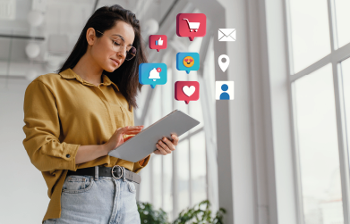 Woman looking at tablet screen